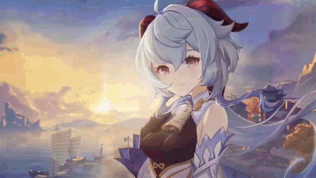 a girl with horns is standing in front of a city at sunset .