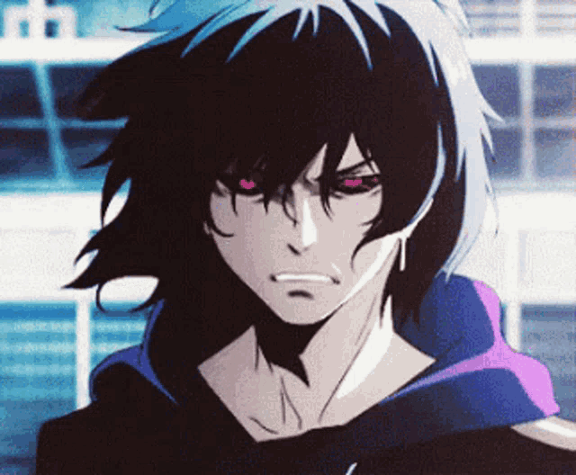 a man with black hair and red eyes looks angry