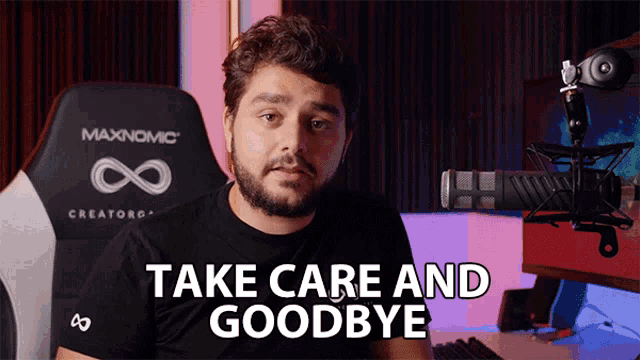 a man sitting in front of a microphone with the words take care and goodbye below him