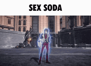 a video game character is standing in front of a building with the words sex soda below him