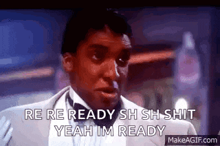 a man in a tuxedo is saying `` re re ready sh sh shit yeah im ready ''