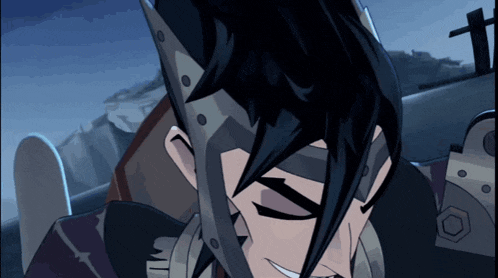 a cartoon character with black hair and a helmet on his head