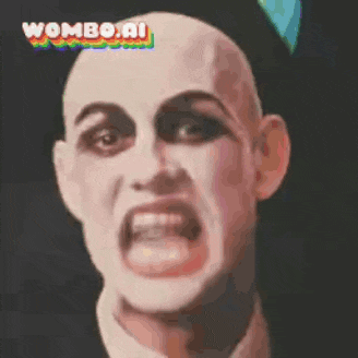 a bald man with makeup on his face is making a funny face with his mouth open .