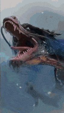 a painting of a dragon swimming in the water with its mouth open