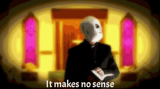 a priest with a mask on his face is holding a bible in front of a church .