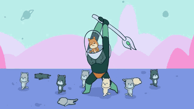 a cartoon character with a dog on his head is holding a staff