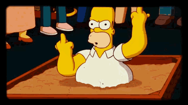 homer simpson is in a sandbox and giving the middle finger