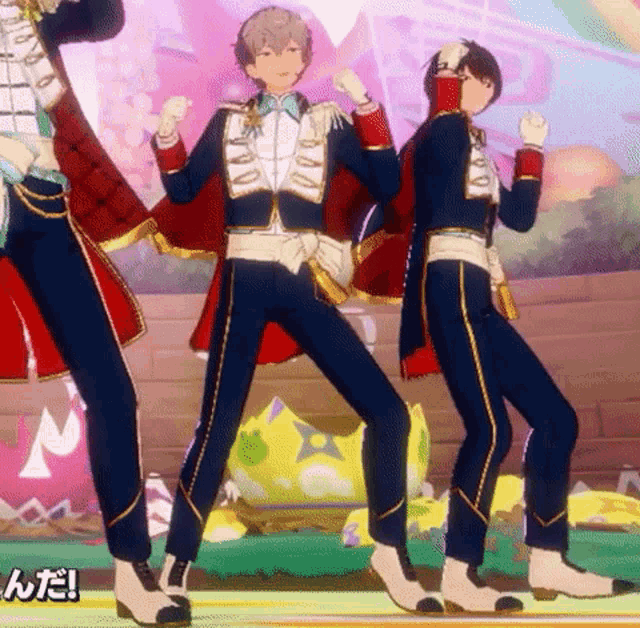 a group of anime characters are dancing on a stage in front of a pink background .