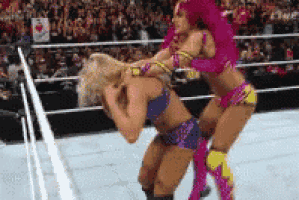 two women are wrestling in a wrestling ring with a crowd watching .