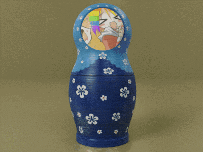 a blue green and orange nesting doll with a clown face on it