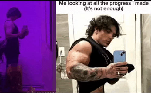 a man with a lot of tattoos is taking a picture of himself in the mirror .