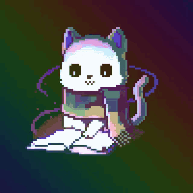 a pixel art drawing of a cat with a purple ear