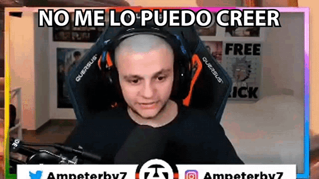 a man wearing headphones is sitting in front of a microphone with the words no me lo puedo creer in the background