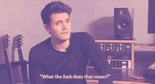 a man sitting in front of a speaker says " what the fuck does that mean ? "