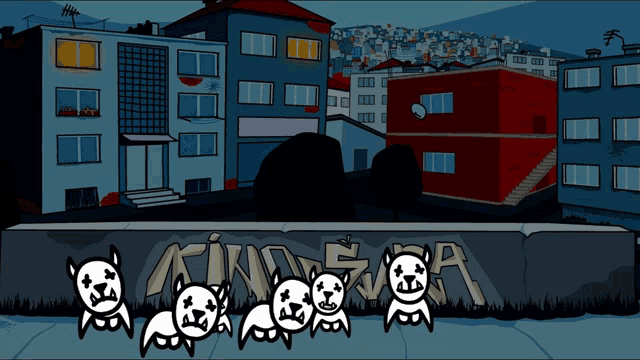 a group of cartoon cats are standing in front of a wall that has the word kin on it