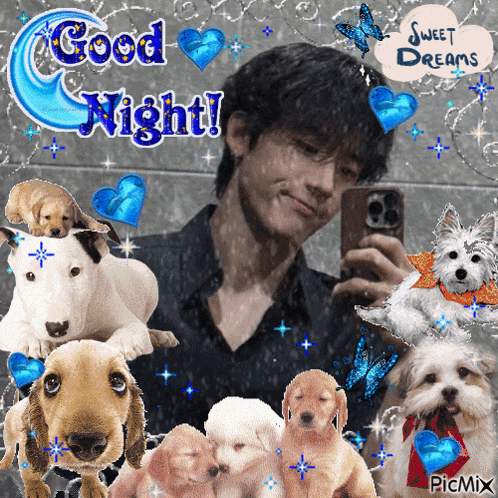 a picture of a man taking a selfie with puppies and the words good night sweet dreams on the top