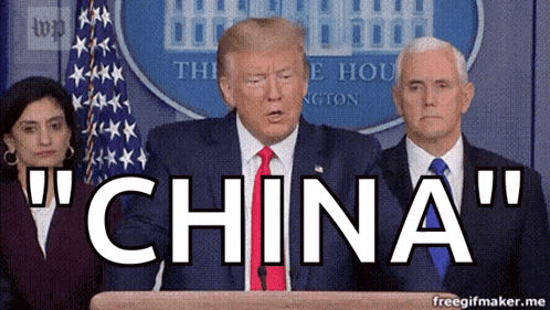 donald trump is giving a speech in front of a podium that says ' china ' on it