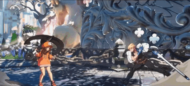 a man and a girl are playing a video game and the girl is holding an umbrella