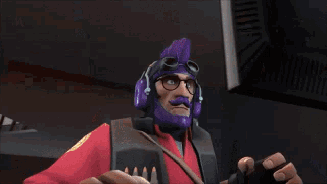 a man with a purple beard and glasses is holding a remote and says i blame you for this