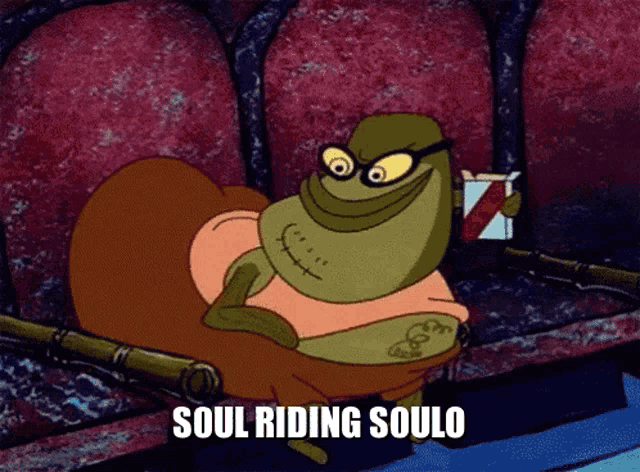a cartoon character with the words soul riding soulo written below him