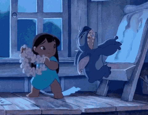 a cartoon character named lilo and stitch are standing on a wooden deck