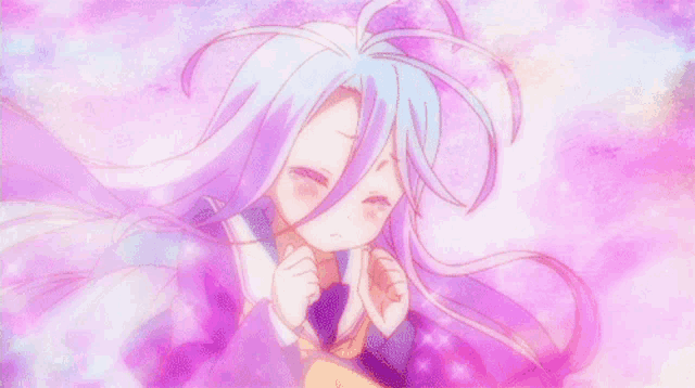 a girl with white hair and a purple background has a surprised expression on her face