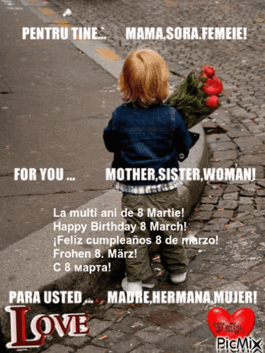 a little boy is holding a bouquet of flowers in front of a sign that says " mother sister woman "