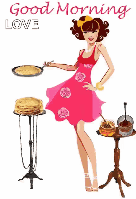 a woman in a pink dress is throwing a pancake in the air while holding a pan .