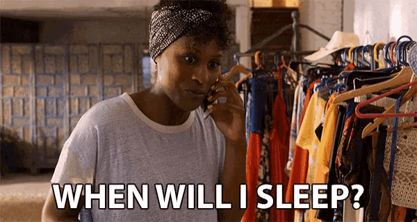 a woman talking on a cell phone with the words when will i sleep above her