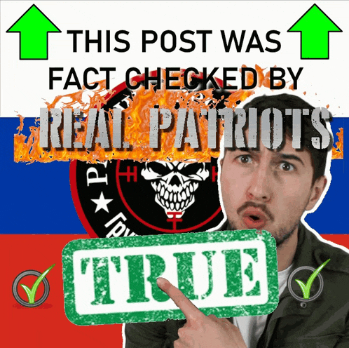a man is pointing at a sticker that says true