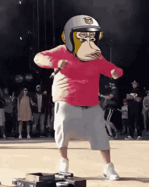 a monkey wearing a helmet and a pink shirt