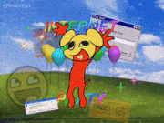 a cartoon of a dog with balloons and a sign that says free