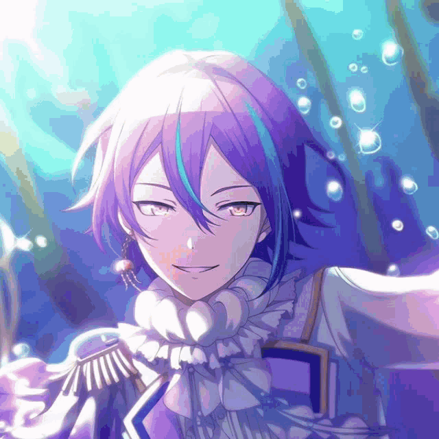 a anime character with purple hair and blue stripes is smiling in the water