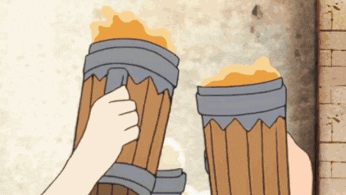 a cartoon drawing of a person holding two barrels