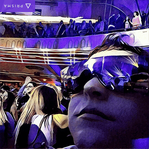a painting of a woman wearing sunglasses with a purple triangle in the corner that says prisma