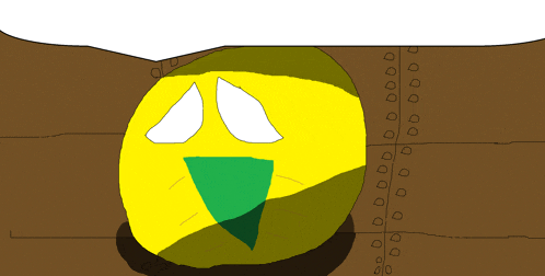 a cartoon drawing of a yellow and green ball with a face