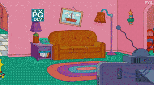 a cartoon of homer simpson and bart simpson in a living room with a tv pg dlv sign