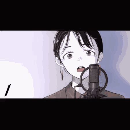 a cartoon girl is singing into a microphone .