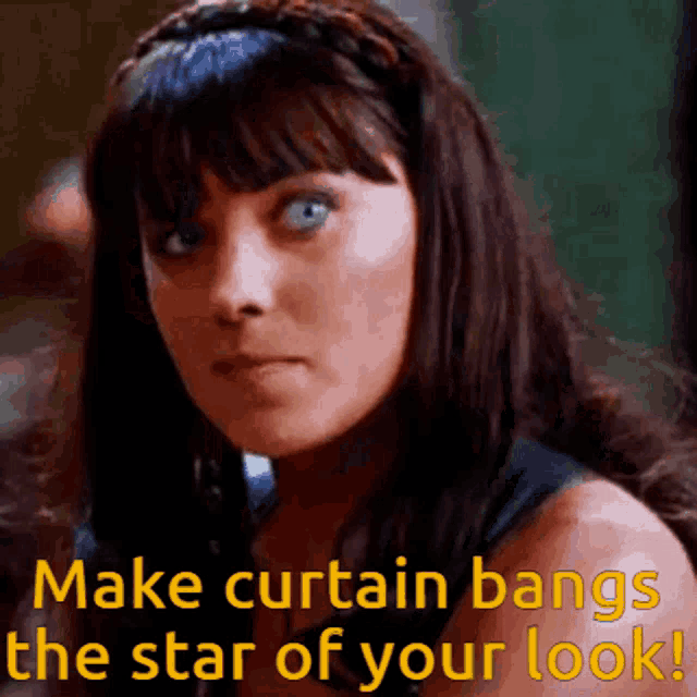 a woman with a headband on her head says " make curtain bangs the star of your look "