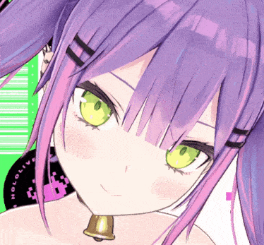a girl with purple hair and green eyes is wearing a bell necklace