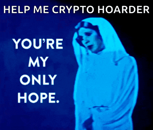 a picture of a woman with the words help me crypto hoarder on it