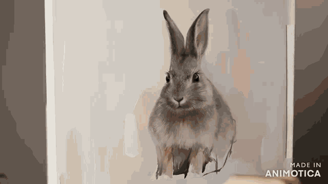 a painting of a rabbit with the words made in animotica below it