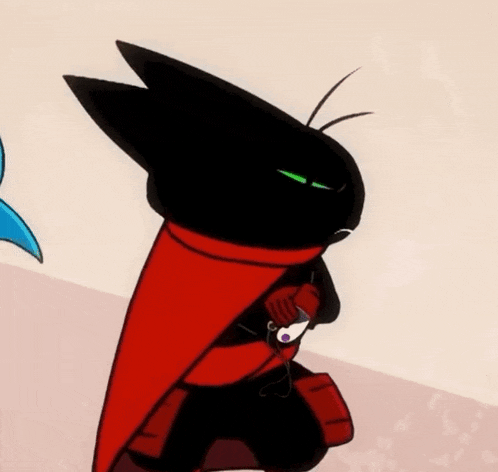 a black cartoon character with green eyes and a red cape on