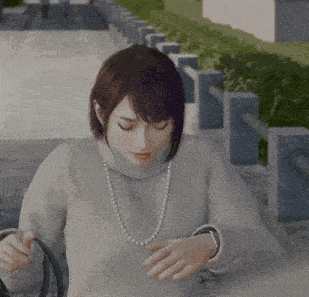 a woman wearing a turtleneck sweater and pearls is looking at her watch