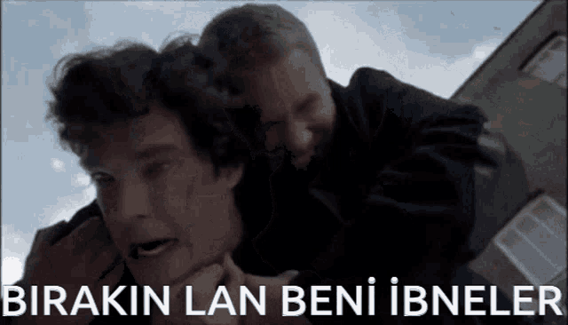 a picture of two men with the words birakin lan beni ibneler written below them