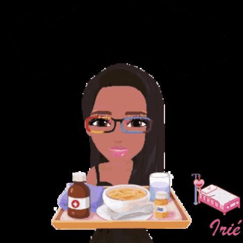 a cartoon of a woman sitting at a table with a tray of food and pills and the words feel better written above her