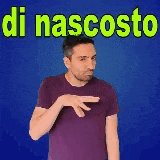 a man in a purple shirt is pointing at something in front of a blue background that says di nascosto .