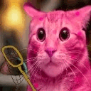 a close up of a pink cat with a magnifying glass in its mouth .