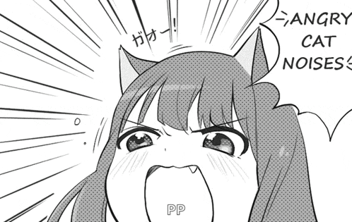 a black and white drawing of a girl with cat ears making a surprised face .