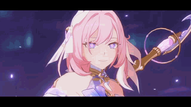 a girl with pink hair and purple eyes is holding a magic wand